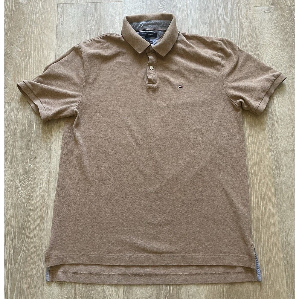 Tommy Hilfiger Polo Shirt Mens Large Tan Classic Fit Pique Flag Logo Casual